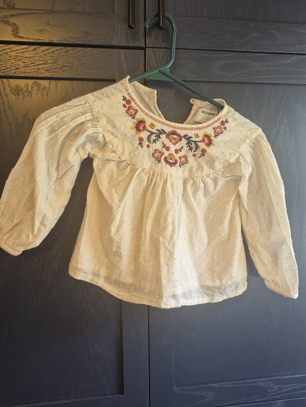 Old Navy Cream Long-Sleeve Girls Top with Colorful Floral Embroidery